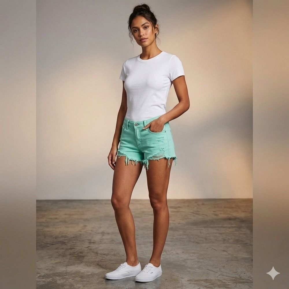 American Eagle Womens Size 2 Green Skinny Stretch Denim Shorts Cutoff Raw Hem